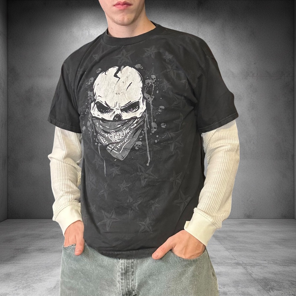 Vintage Hybrid Tees Skull Bandana Star Graphic T Shirt Black Large Y2K Grunge